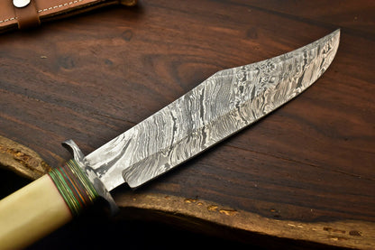 HS-335 | Custom Handmade Damascus Steel Hunting Bowie Knife - Camel Bone Handle