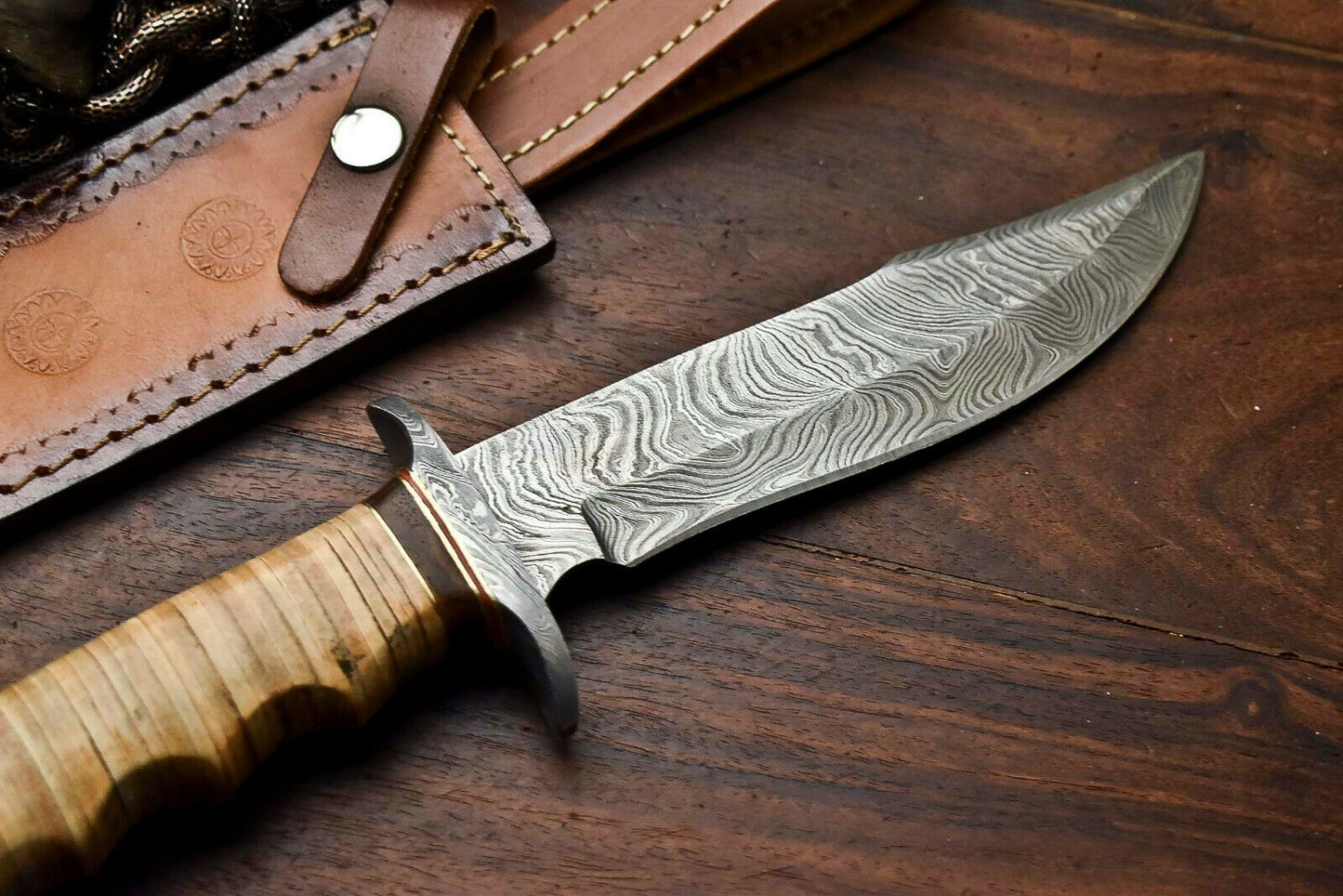HS-331 | Custom Handmade Damascus Steel Hunitng/Bowie Knife - Leather Handle
