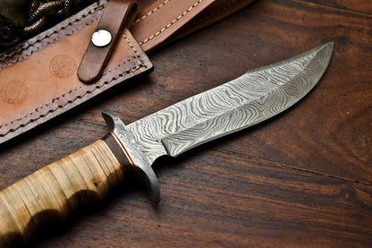 HS-331 | Custom Handmade Damascus Steel Hunitng/Bowie Knife - Leather Handle