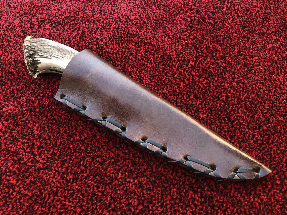 Hand forged carbon steel straight knife with 512 layer Damascus blade and leather sheath