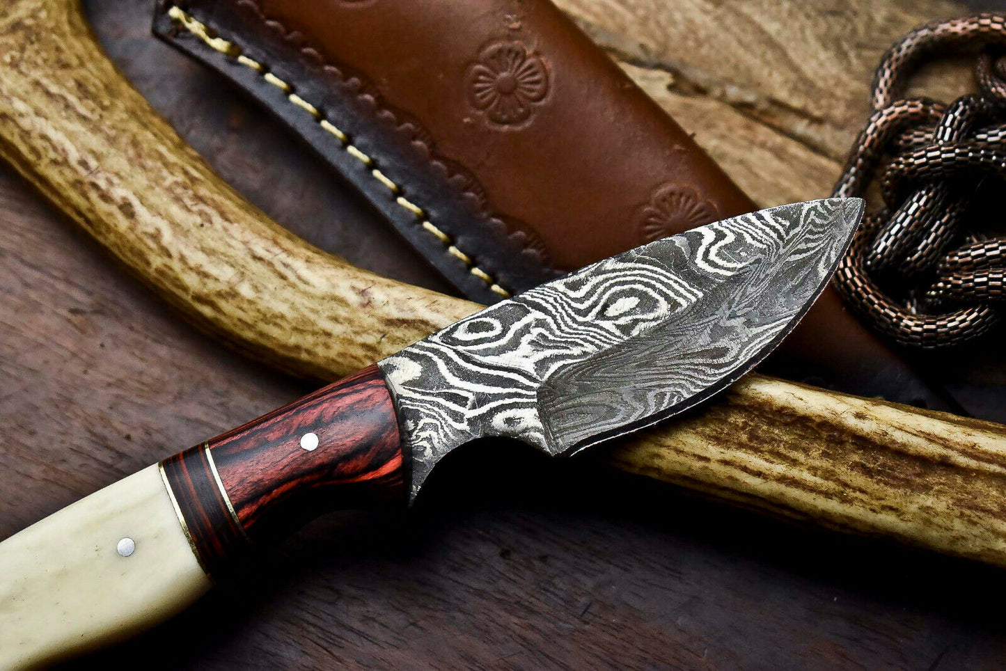 HS-712 Custom Handmade Awesome Camel Bone/Hard Wood Handle Damascus Steel Skinner Knife - Great Price