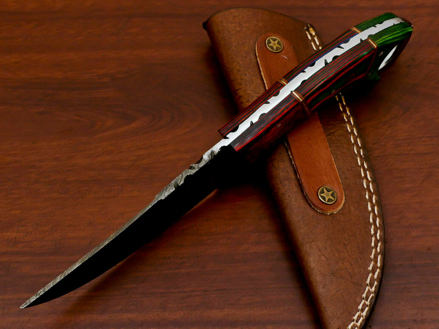 HS-563 HAND MADE DAMASCUS BLADE SKINNING HUNTING KNIFE - FULL TANG - PAKKA WOOD