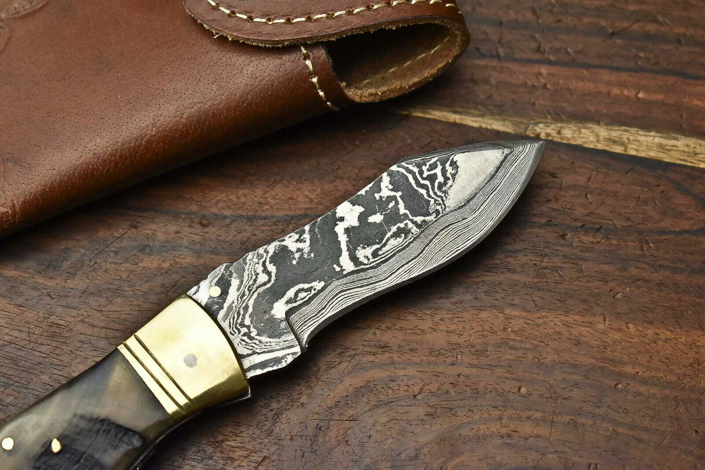 HS-1139 Custom Handmade Damascus Steel Blade Liner-Lock Pocket Folding Knife| Ram Horn