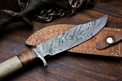 HS-327 | Custom Handmade Damascus Steel Hunitng/Bowie Knife - Wood + Bone Handle