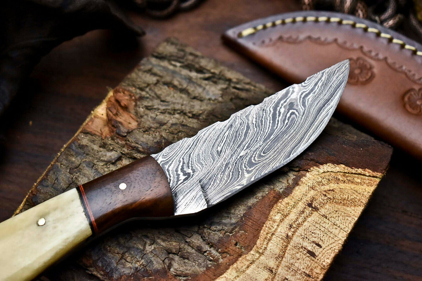 HS-718 Custom Handmade Camel Bone & Wood Hanlde Damascus Steel Skinner Knife - Great Price