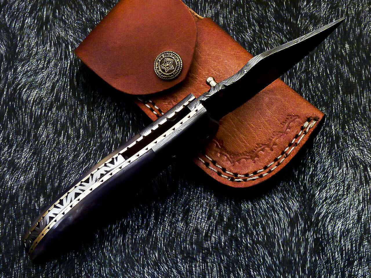 Damascus Pocket Folding Knife – Stained Camel Bone | Liner Lock | HS-1123