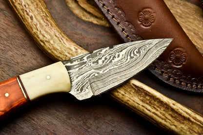 HS-690 Custom Handmade Damascus Steel Skinner Knife - Beautiful Hard Wood And Bone Handle