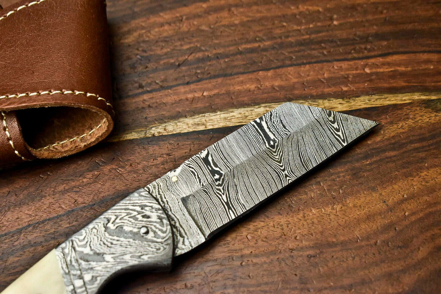 HS-1133 Custom Handmade Damascus Steel Blade Liner-Lock Pocket Folding Knife| CAMEL BONE