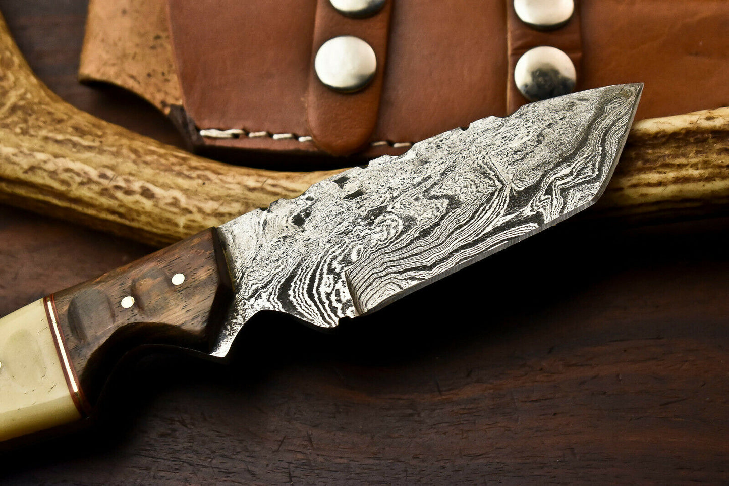 HS-414 | Custom Handmade Damascus Steel Hunting Knife - Wood & Camel Bone Handle