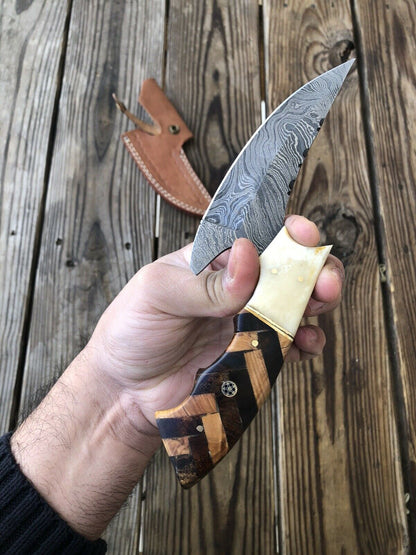 HS-434 | Custom Handmade Damascus Hand Forged Hunting Knife - Wood Bone Handle