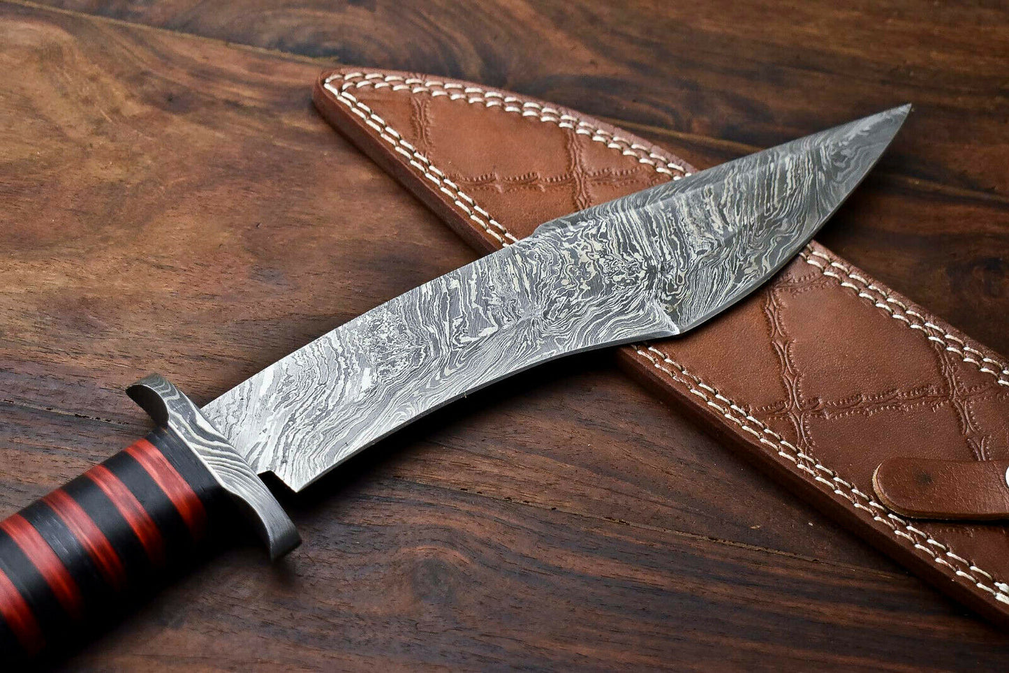 HS-324 | Custom Handmade Damascus Steel Bowie Knife - Beautiful Hard Wood Handle