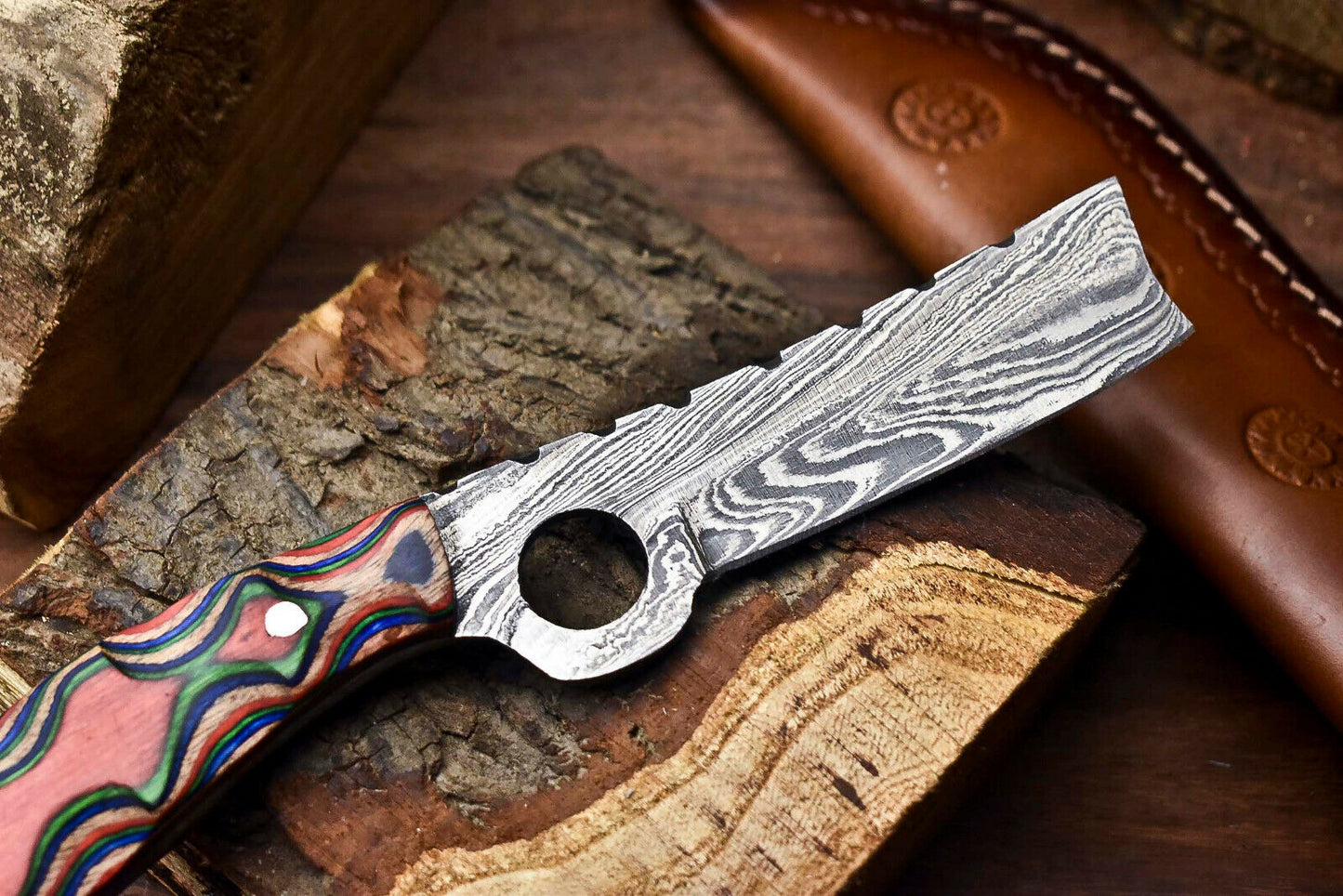 HS-999 | Custom Handmade Damascus Steel Bull Cutter Knife - Beautiful Hard Wood Handle