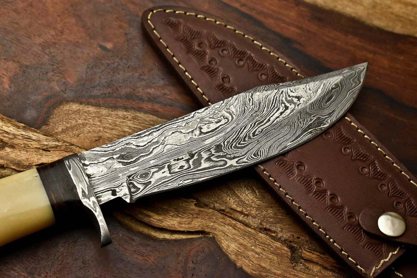 HS-323 Custom Handmade Damascus Steel Bowie Hunting Camping Knife - Beautiful Wood Handle