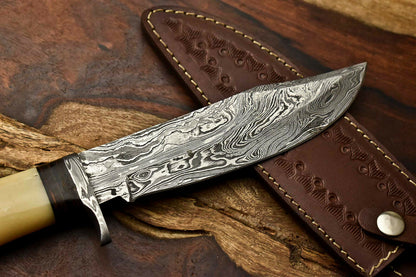 HS-323 Custom Handmade Damascus Steel Bowie Hunting Camping Knife - Beautiful Wood Handle