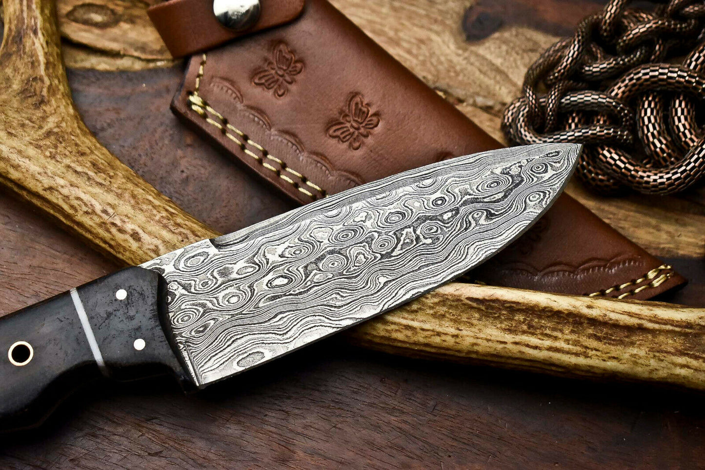 HS-402 | Custom Handmade Awesome Black Sheet Handle Damascus Steel Hunting Knife - Great Price