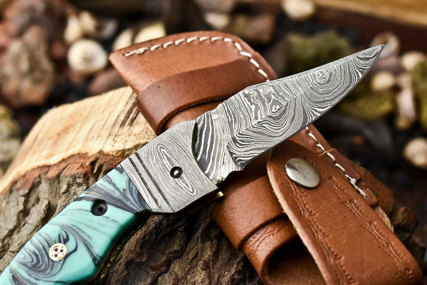 Custom Handmade Damascus Steel Pocket Folding Knife - Beautiful Resin Handle