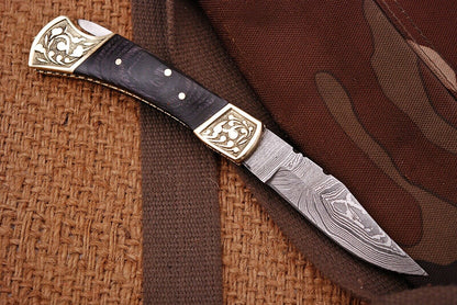 Custom Handmade Damascus Steel Pocket Folding Knife - Engraved Hard Wood Handle