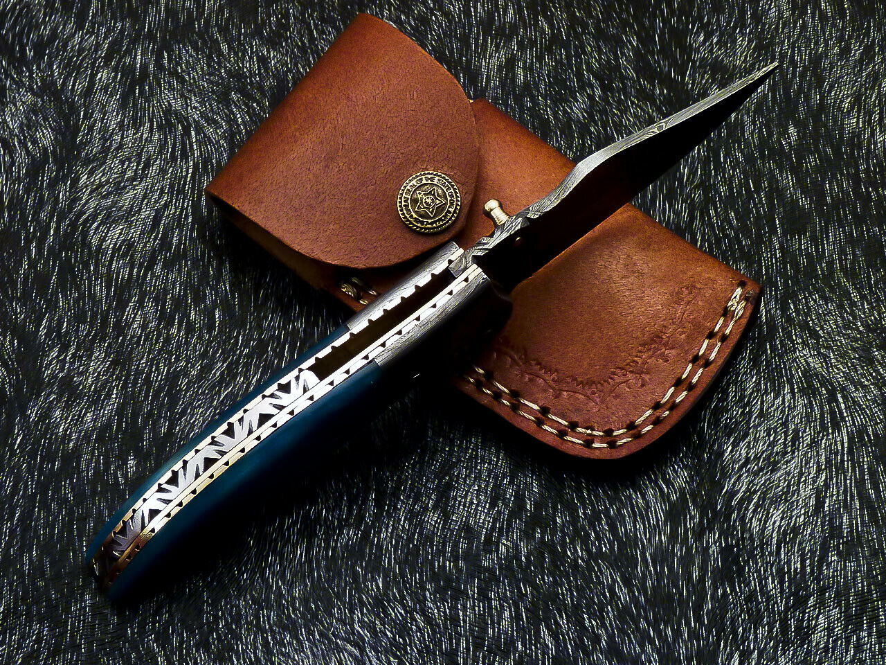 Damascus Liner Lock Pocket Knife – Camel Bone & Damascus Bolster | HS-1122
