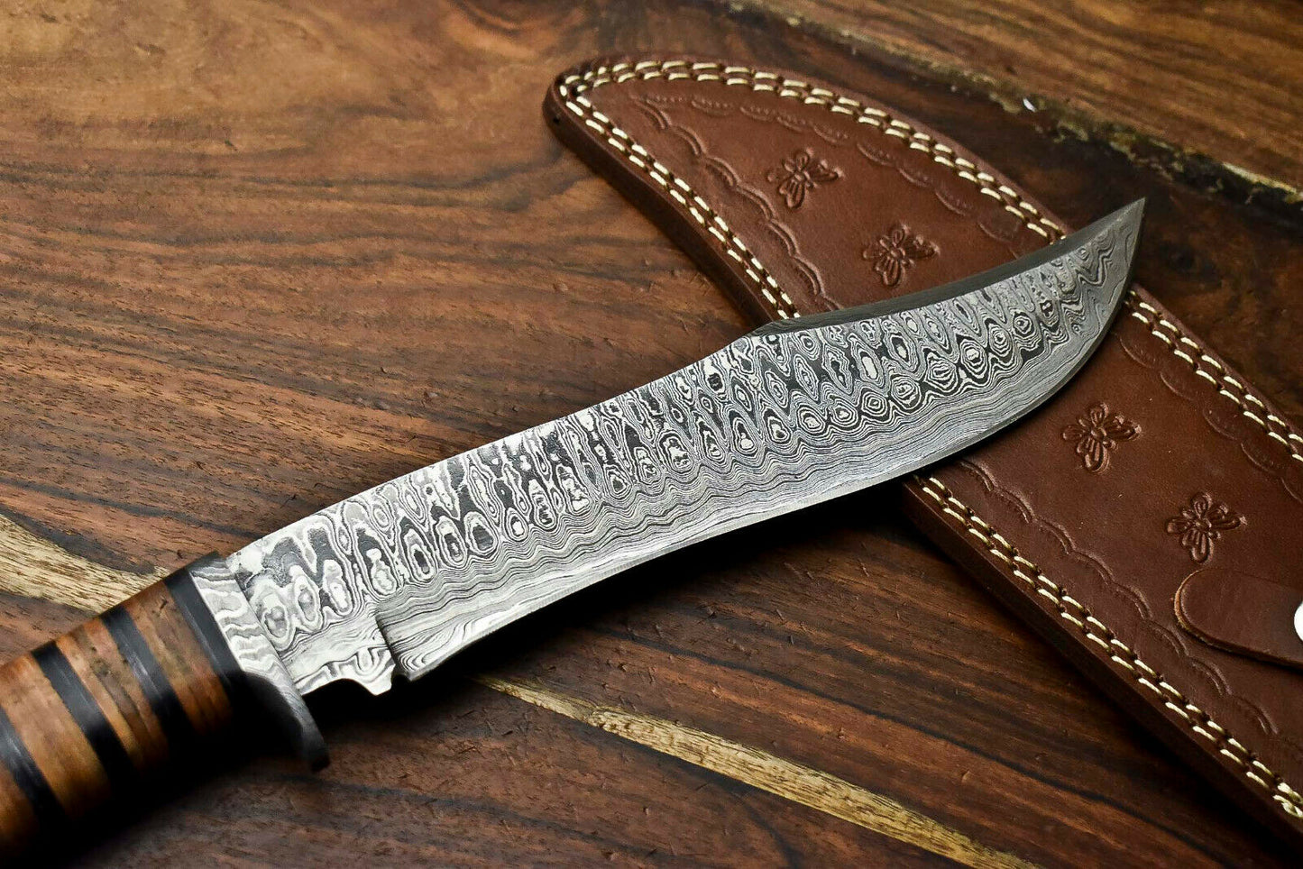 HS-316 Custom Hand Made Damascus Steel Blade Bowie Hunting Knife | LEATHER
