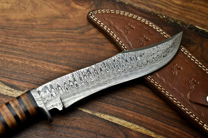 HS-316 Custom Hand Made Damascus Steel Blade Bowie Hunting Knife | LEATHER