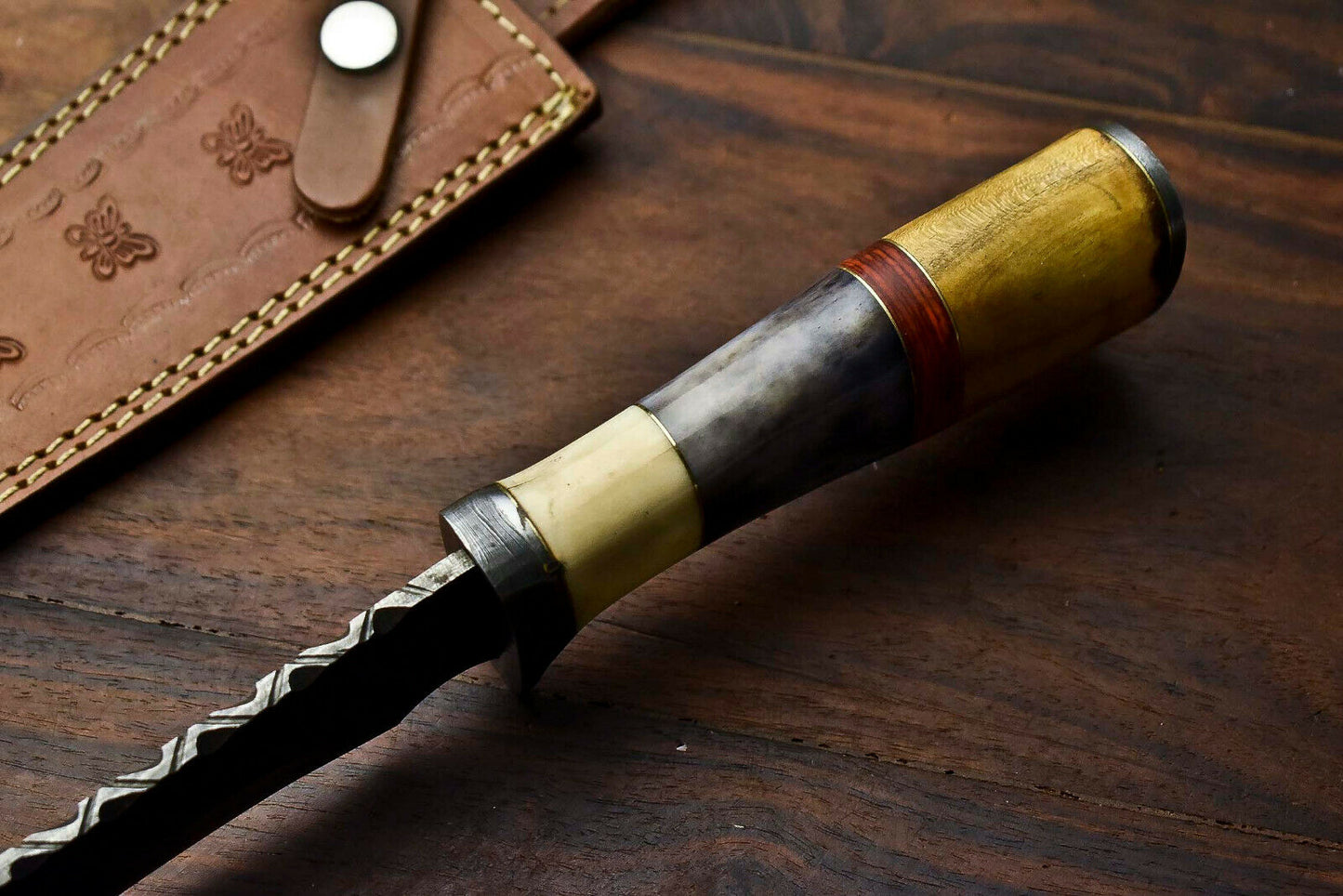 HS-325 | Custom Handmade Damascus Steel Bowie/Hunting Knife - Colour Camel Bone Handle