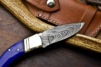 Custom Handmade Damascus Steel Pocket Folding Knife - Beautiful Colour Bone Handle