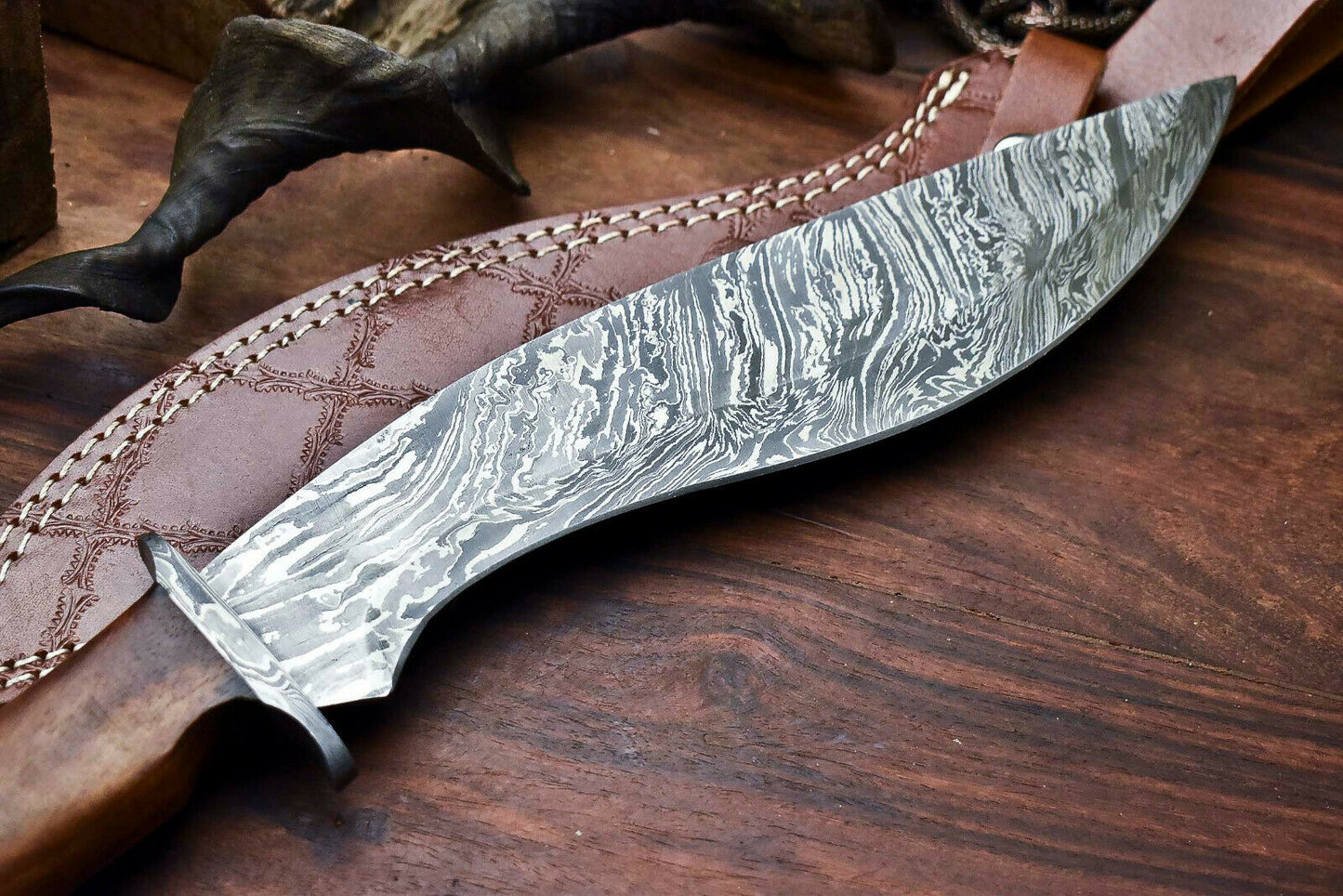 HS-866 Custom Handmade Damascus Steel Hunitng/Kukri Knife - Wood & Bone Handle