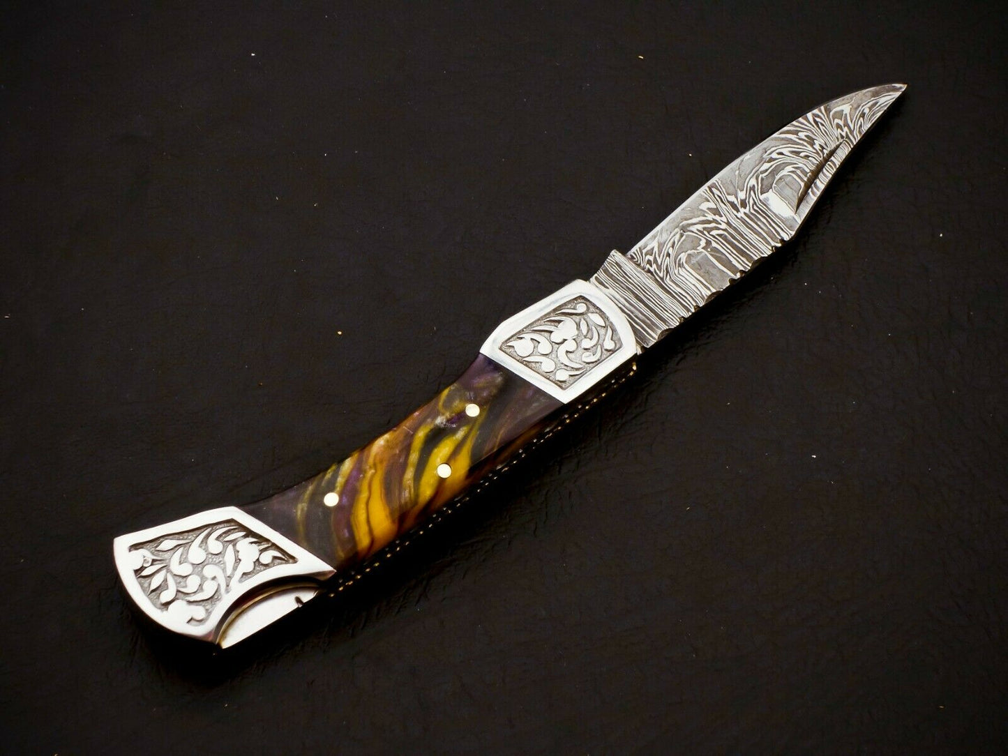 HS-1108 Custom Hand Forged Damascus Steel Back Lock Resin Handle Knife