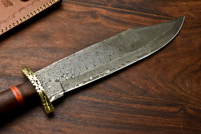 HS-411 | Custom Handmade Damascus Steel Hunting/Bowie Knife - Wood Handle