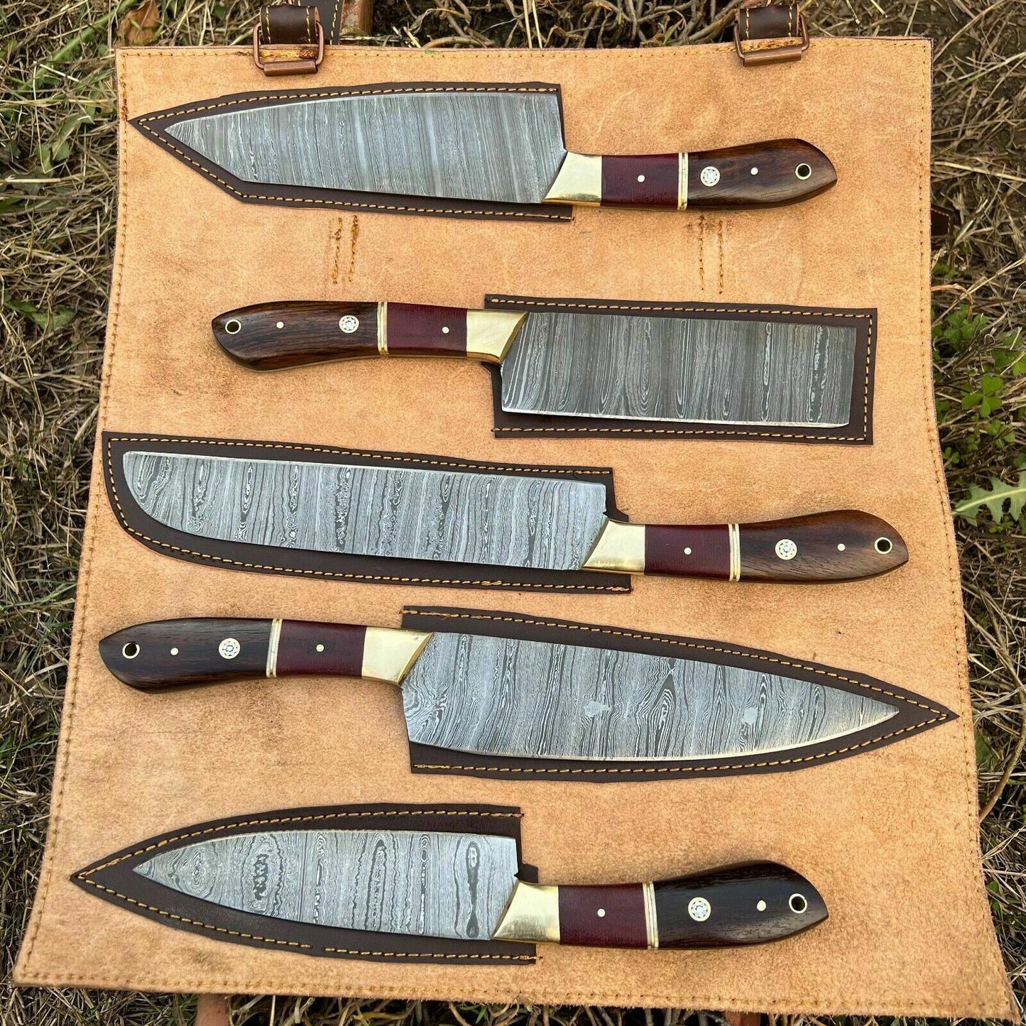 HS-128 '' Hand Forged Damascus Steel Hunting Chef Kitchen Knife Set W/ Sheath