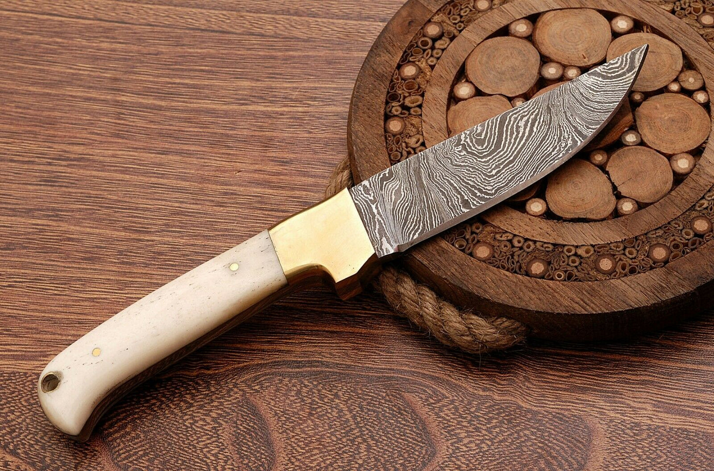 HS-760 Custom Handmade Damascus Skinner Knife + Brass Bolster And Camel Bone Handle