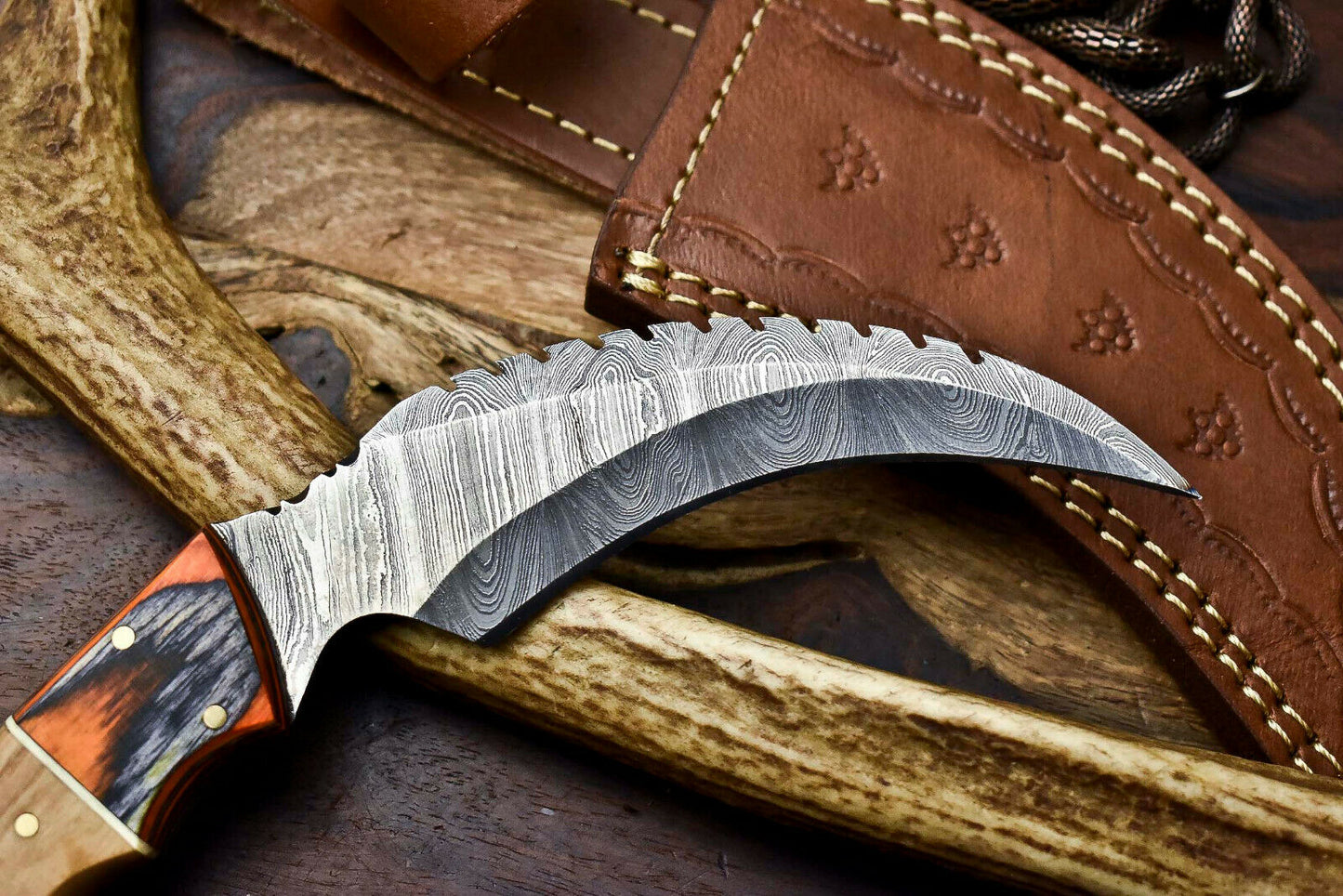 HS-907 Custom Handmade Damascus Steel Karambit Knife - Beautiful Micarta Wood Handle