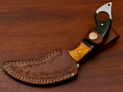 HS-884 HANDMADE DAMASCUS CUSTOM PAKKA WOOD KARAMBIT HUNTING KNIFE
