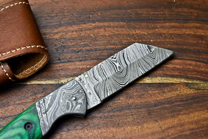 Custom Handmade Damascus Steel Blade Liner-Lock Pocket Folding Knife| HARD WOOD