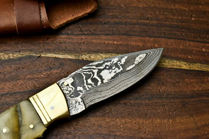 HS-1138 Custom Handmade Damascus Steel Blade Liner-Lock Pocket Folding Knife| RAM'S HORN