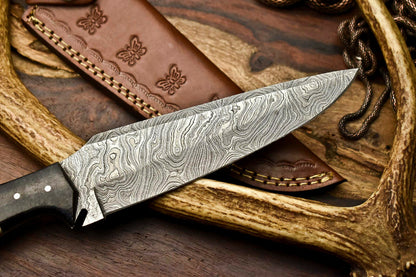 HS-403 | Custom Handmade Awesome Camel Bone/Black Sheet Handle Damascus Steel Hunting Knife - Great Price