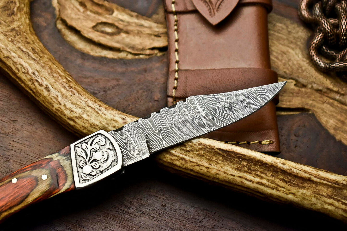 Custom Handmade Damascus Steel Pocket Folding Knife - Beautiful Hard Wood Handle