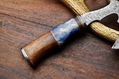 HS-1057 | Custom Hand Made Damascus Blade Hunting Hatchet Mini Viking Axe | Camel Bone & Wood