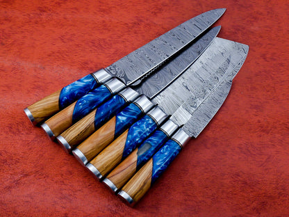 Hs-137 Unique Epoxy and Wooden Handle 7Pc's Chef Set of Custom Handmade Damascus Steel