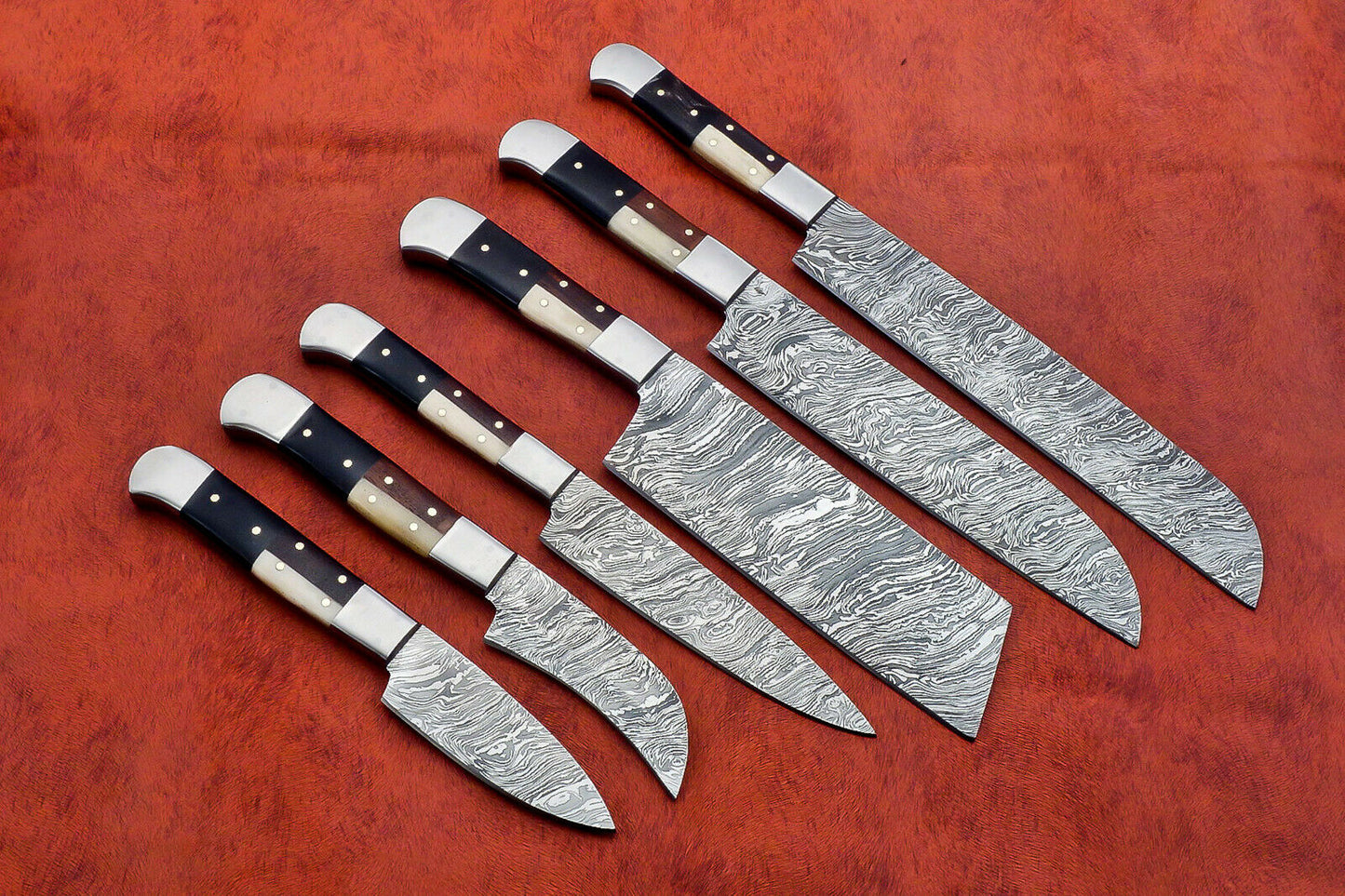 HS-143 Custom Handmade Damascus Steel 6 Piece Chef Set with Wood/Bone/Horn Handle