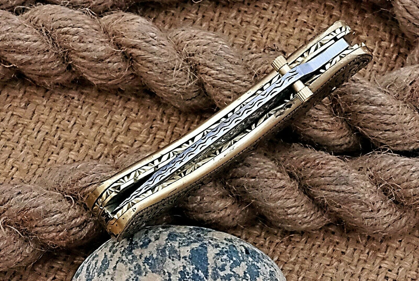 Hand Engraved Brass Handle Folding Pocket Knife — Lifetime Use
