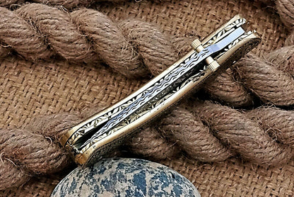 Hand Engraved Brass Handle Folding Pocket Knife — Lifetime Use