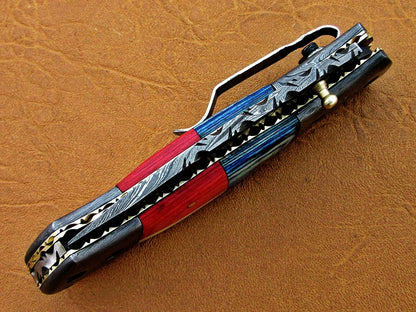 Custom Handmade Damascus Folding-Pocket Knife With Camel Bone & Hard Wood Handle