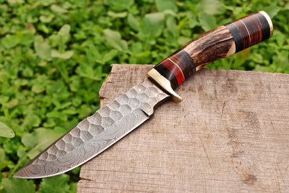 HS-440 | Custom Handmade Damascus Steel Hunting Fix knife - Stag Horn Handle
