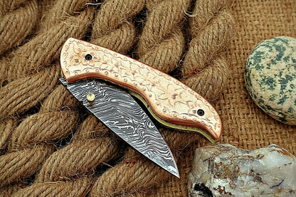 Custom Handmade Damascus Folding-Pocket Knife With Copper Engraved Handle