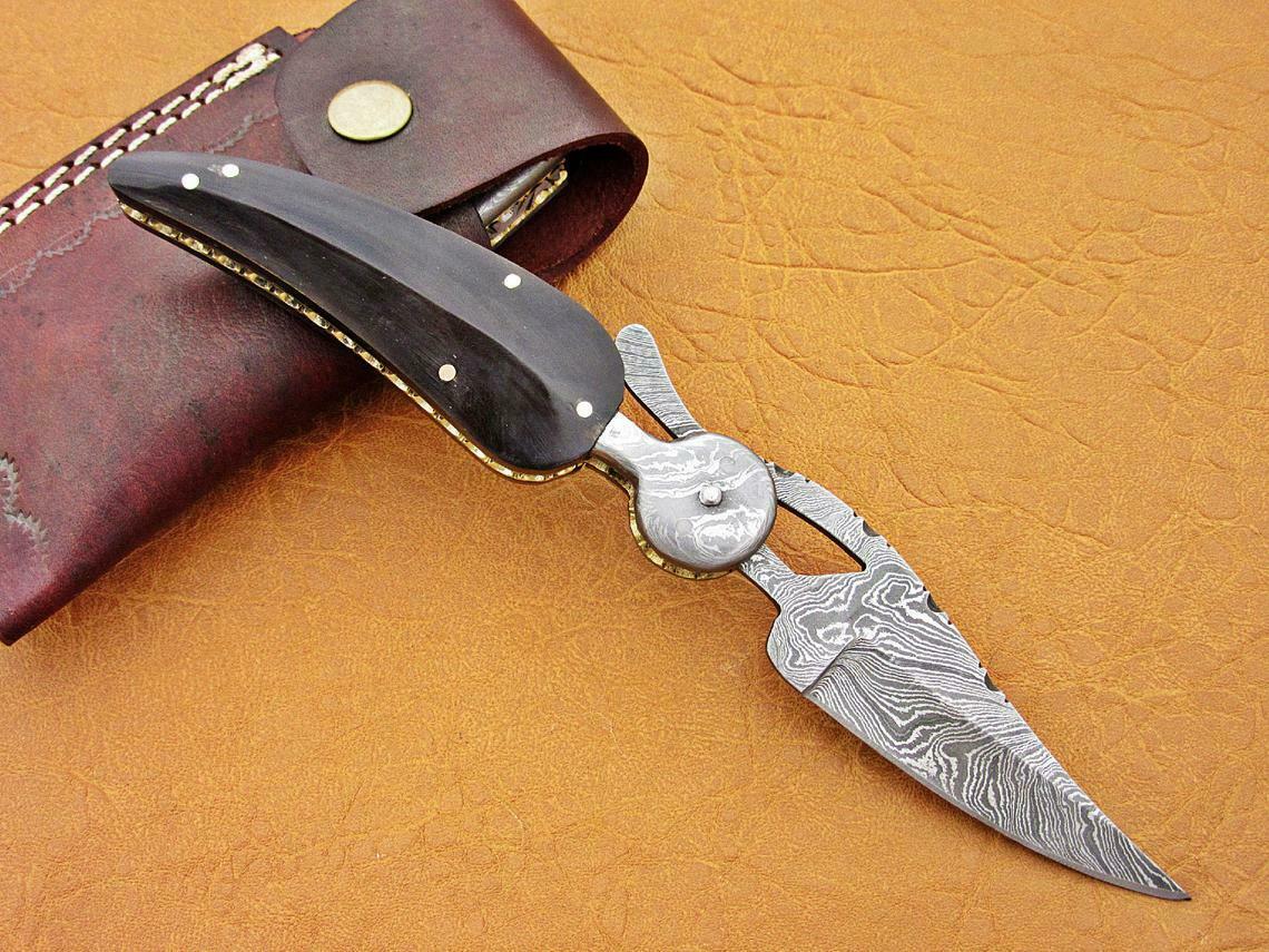 Custom Handmade Damascus Folding-Pocket Knife With Buffalo Horn Handle