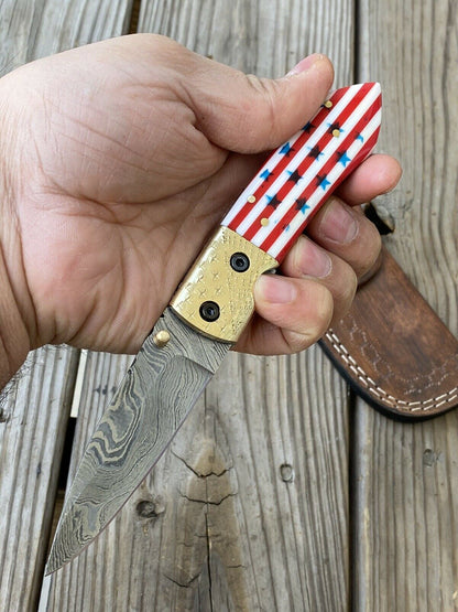 Custom Handmade Full Damascus Folding-Pocket Knife With Flag Handle