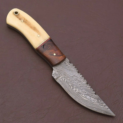HS-780 Custom Handmade Damascus Skinner Knife With Bone + Wood Handle