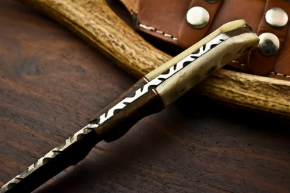 HS-414 | Custom Handmade Damascus Steel Hunting Knife - Wood & Camel Bone Handle