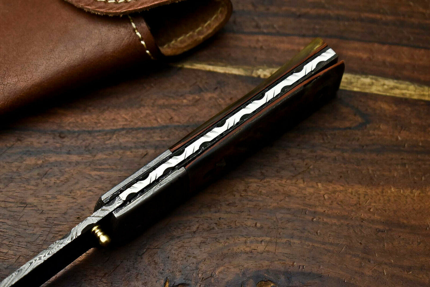 HS-1137 Custom Handmade Damascus Steel Blade Liner-Lock Pocket Folding Knife| RAM'S HORN